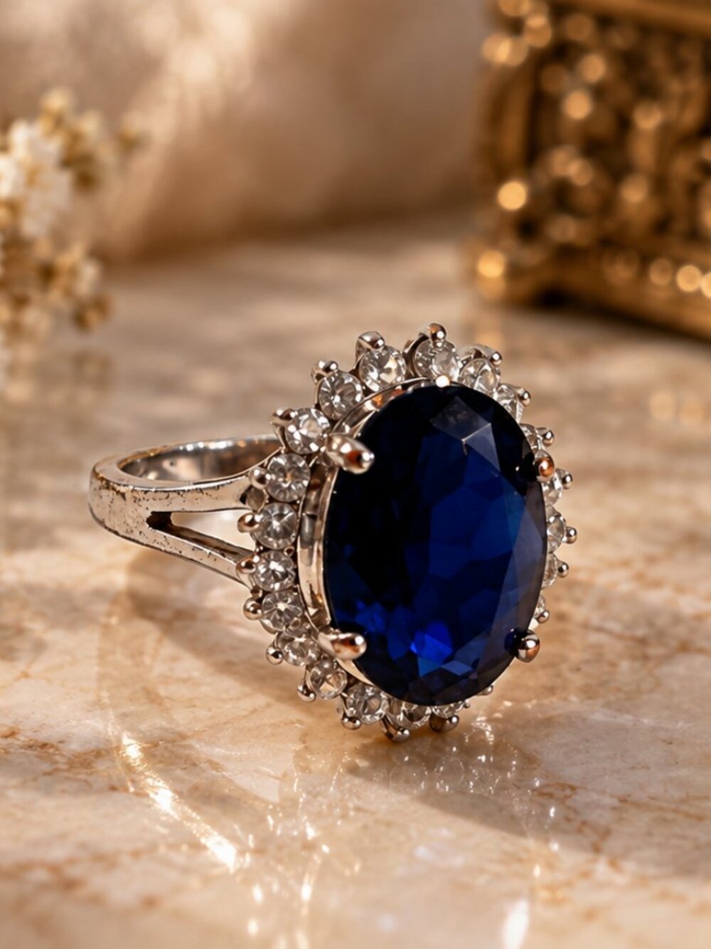 Vintage Style Faux Sapphire & Rhinestone Halo Statement Ring - Size 6.5